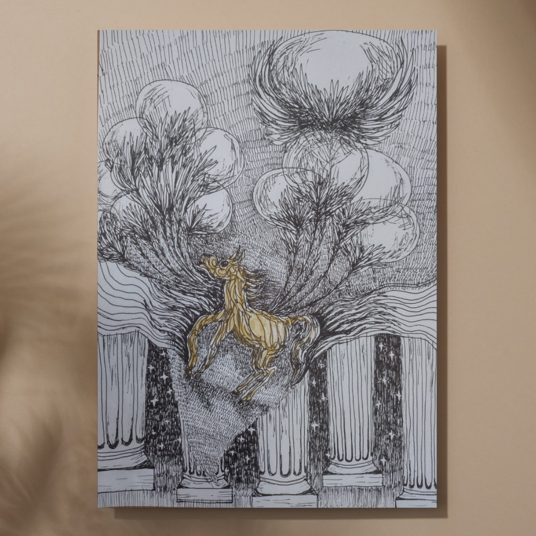 Soul Print — gilded horse leaping between columns beneath feathered clouds