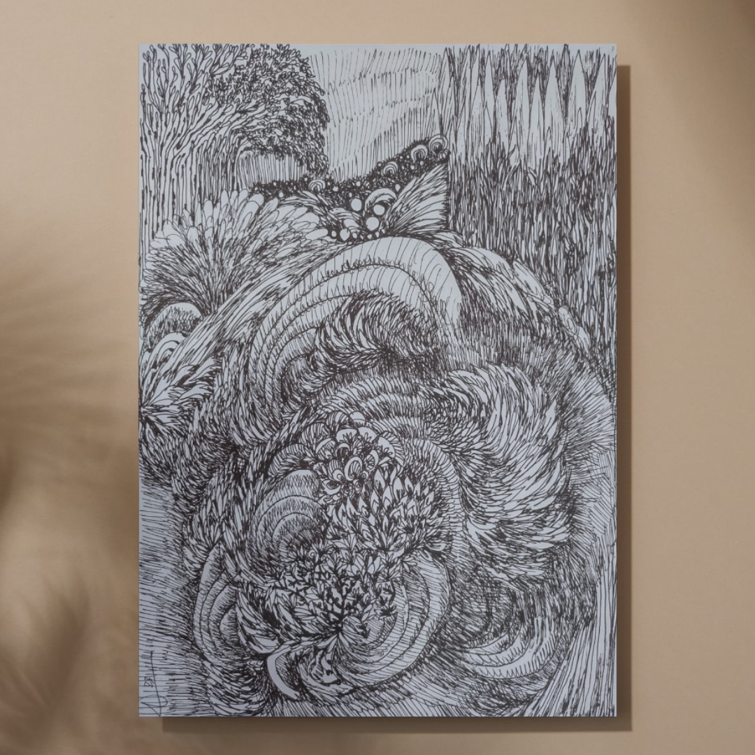 Soul Print — swirling plumed landscape of feathered ink strokes