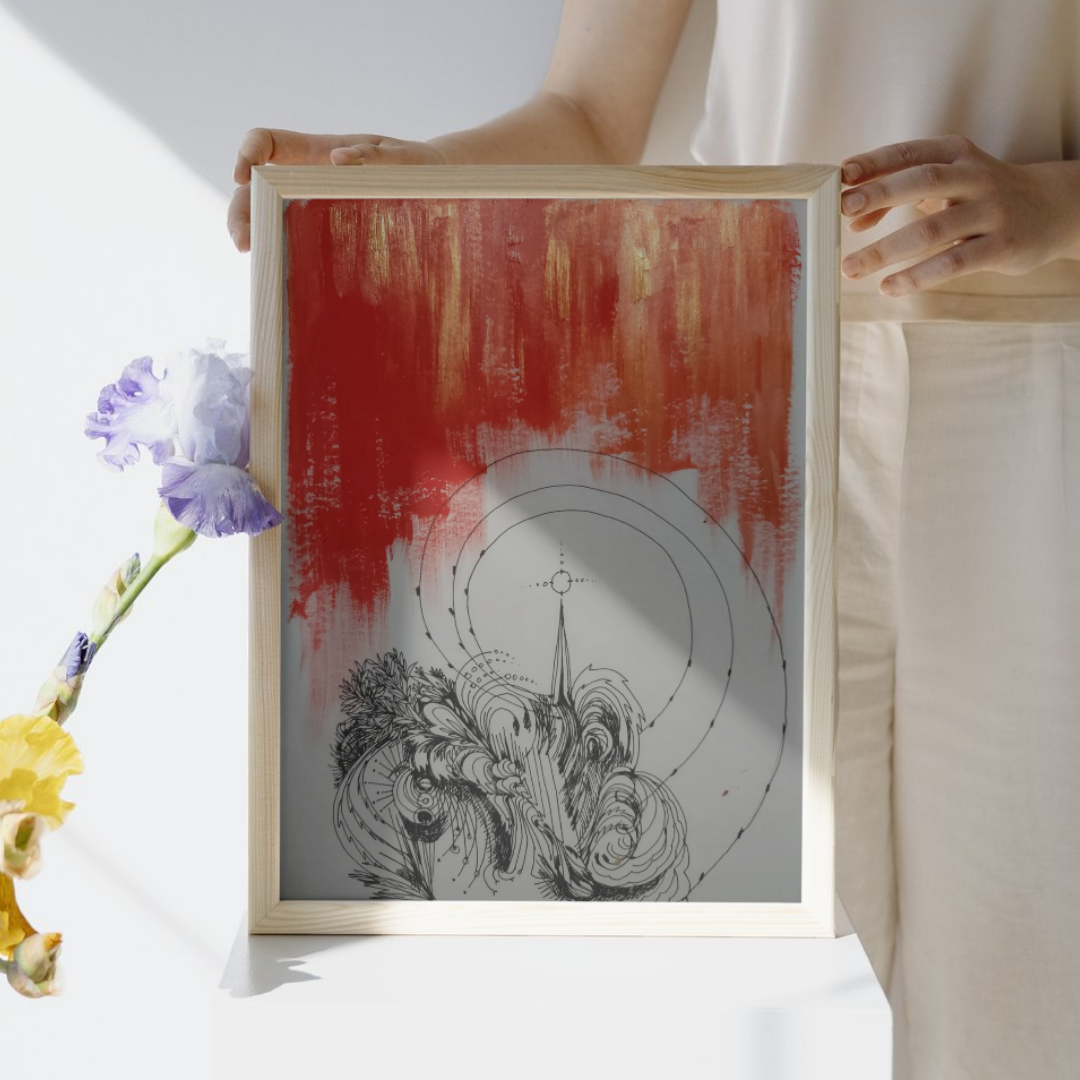 Soul Print — crimson and gold wash above an inked spire encircled by orbits