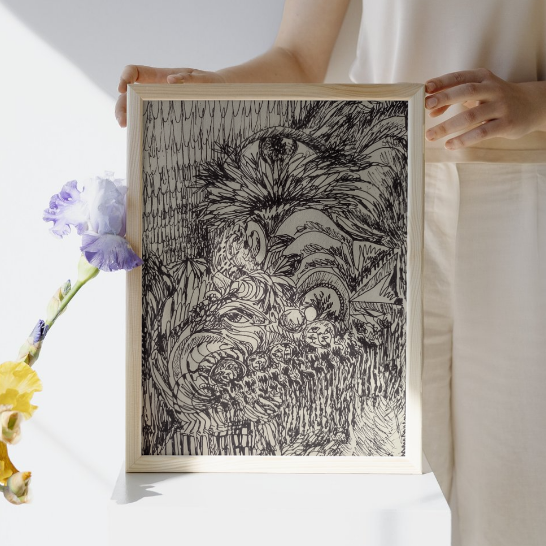 Soul Print — framed ink drawing of interlocking faces and feathered forms
