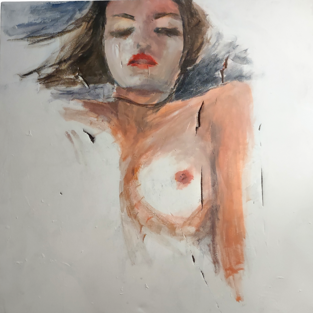 Reclining nude figure in warm ochre and blue on a pale ground