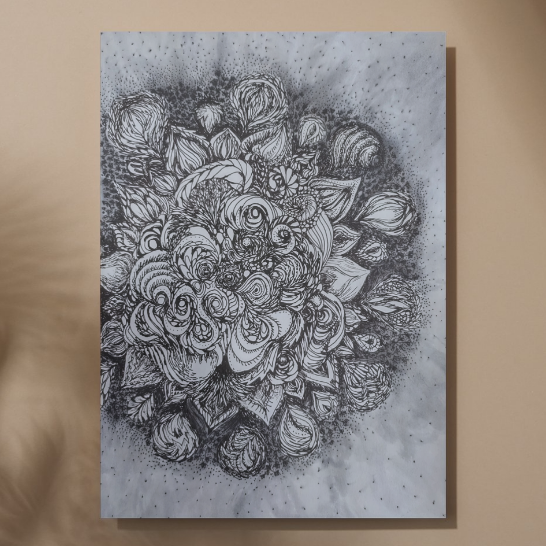 Soul Print — stippled mandala of petals and scrolls
