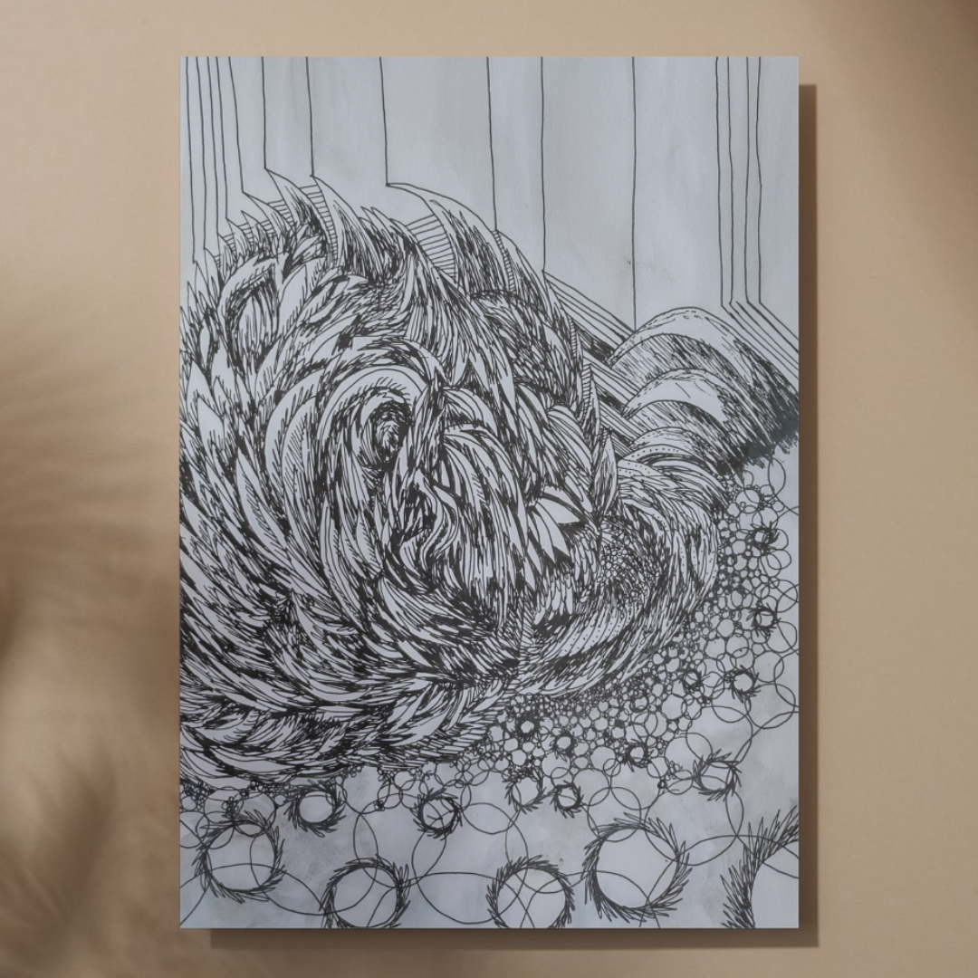 Soul Print — swirling feathered bloom above rings of fine circles