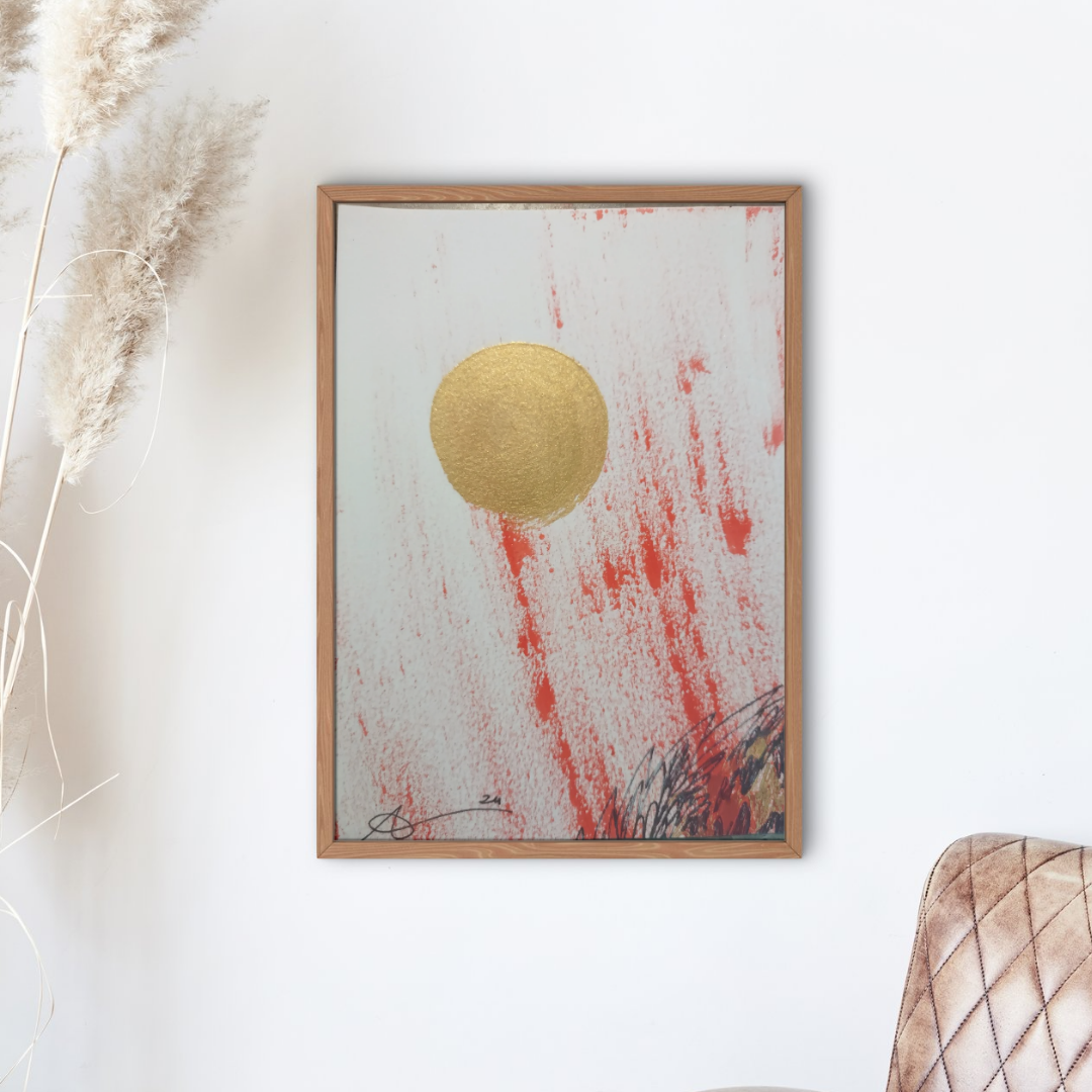 Soul Print — gold leaf sun over scarlet splashes on pale paper