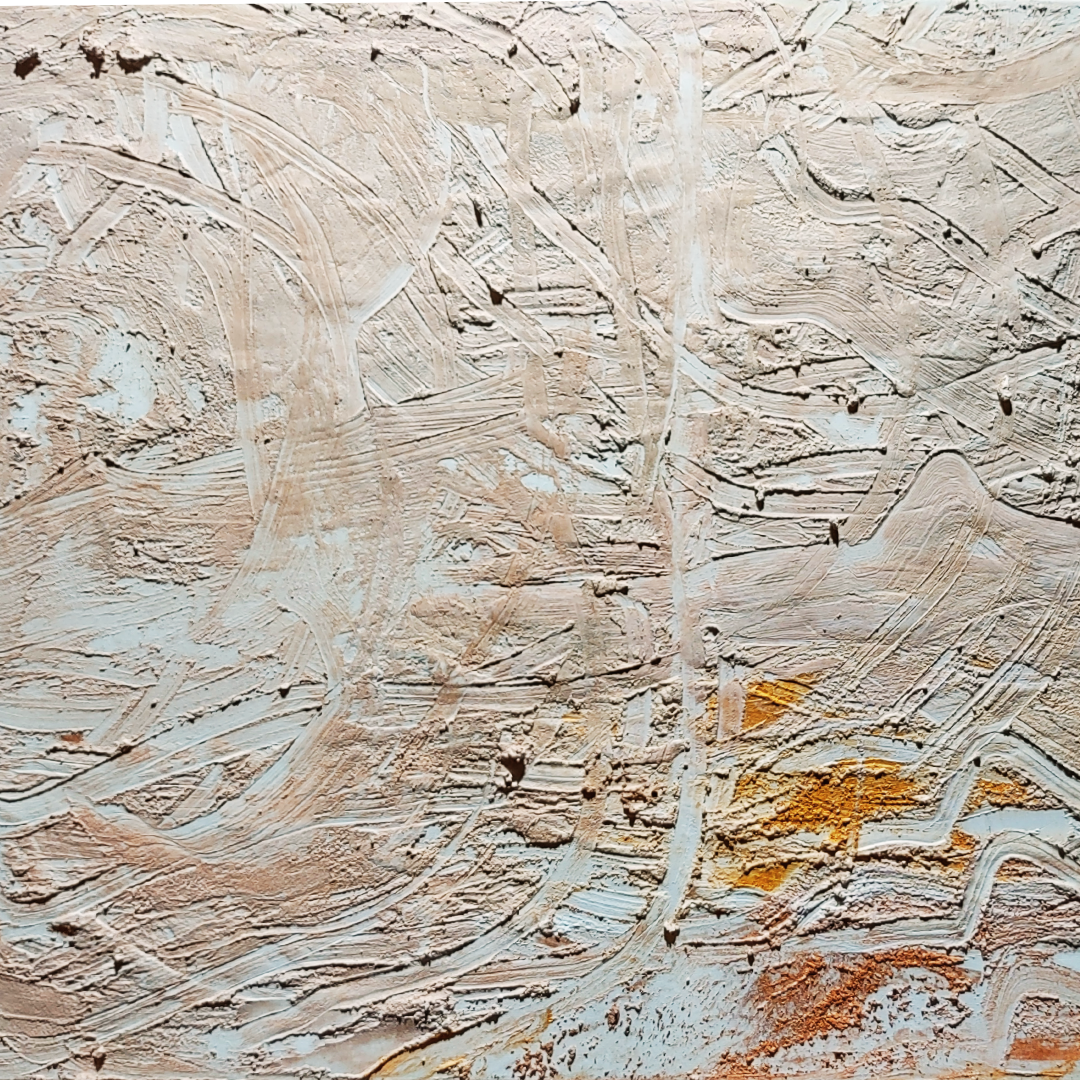 Detail of Minereality II — white sediment strokes with ochre