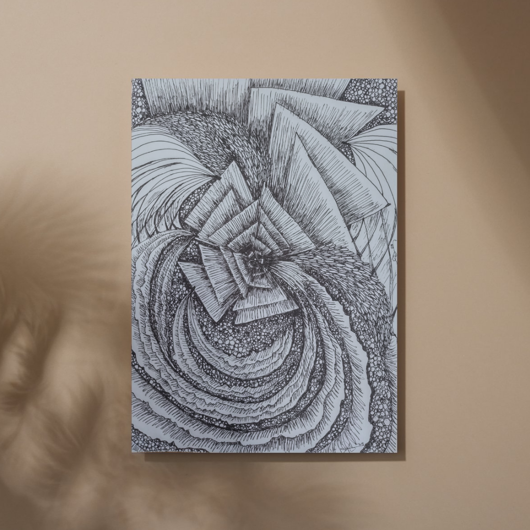 Soul Print — spiralling shell forms and angular shards in ink