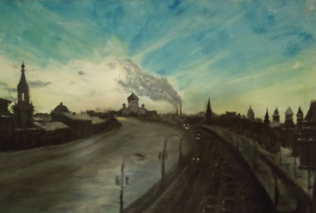 Cityscape at dusk with domed towers and a smoking chimney, oil on canvas