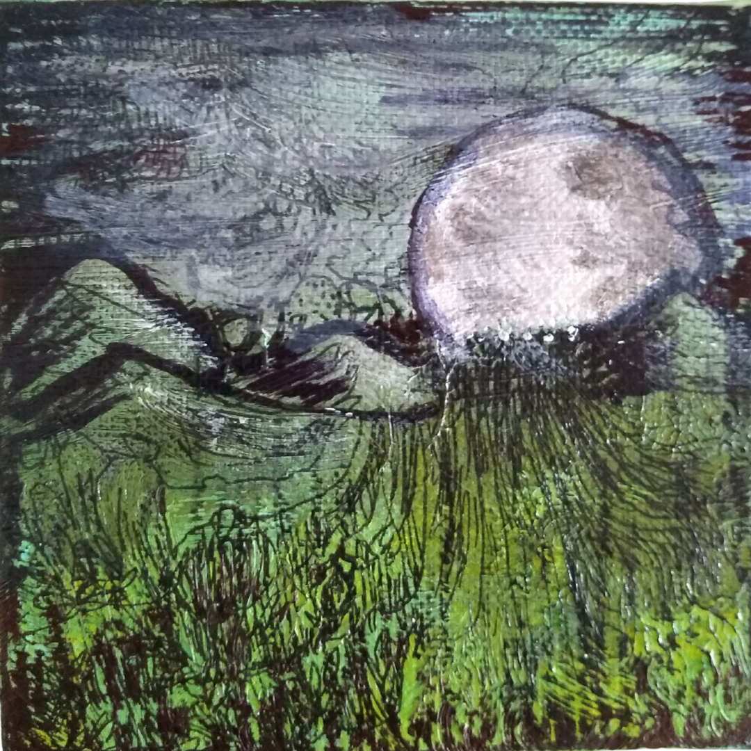 Full moon rising over dark green hills, textured mixed media