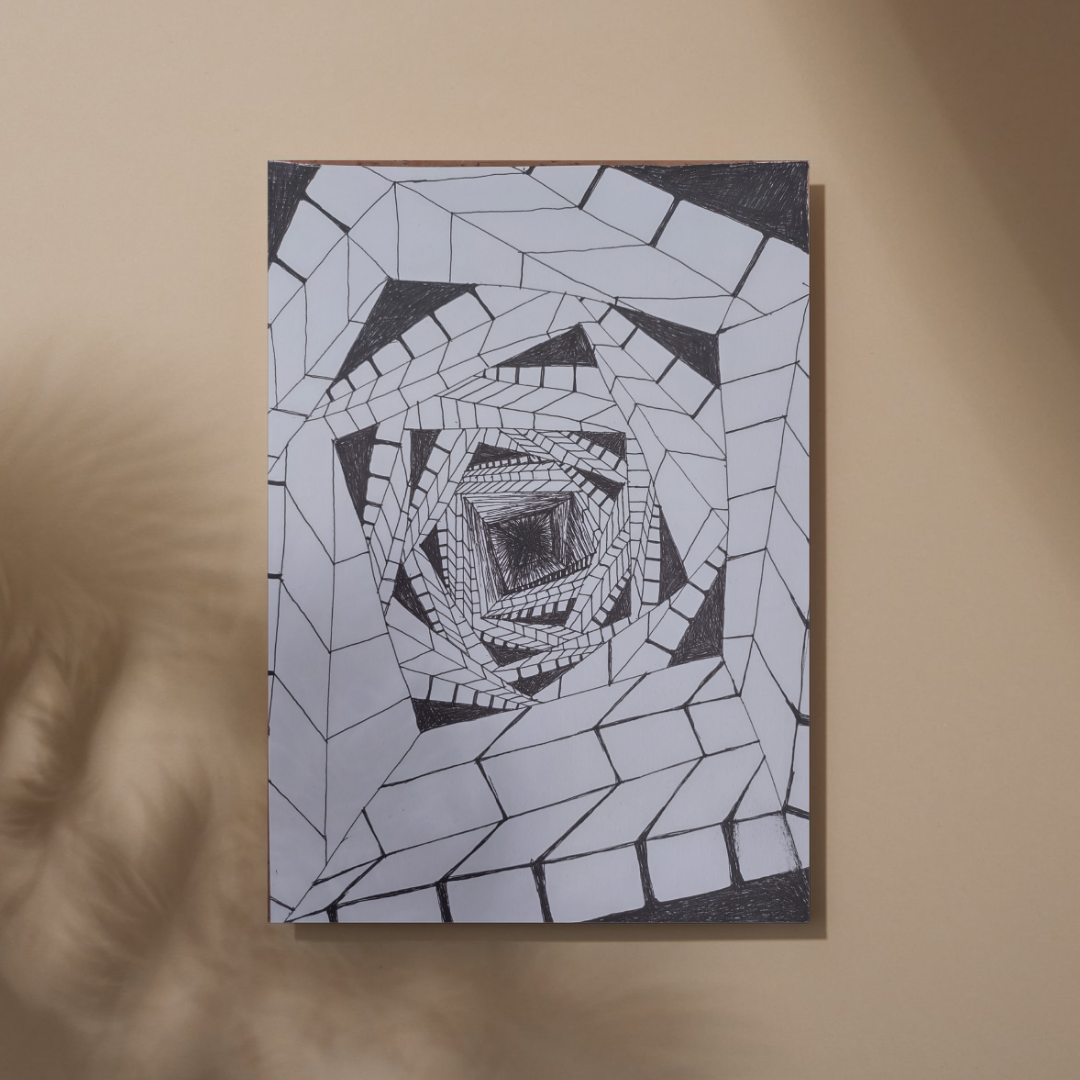 Soul Print — geometric tunnel of tessellated facets receding to a dark centre