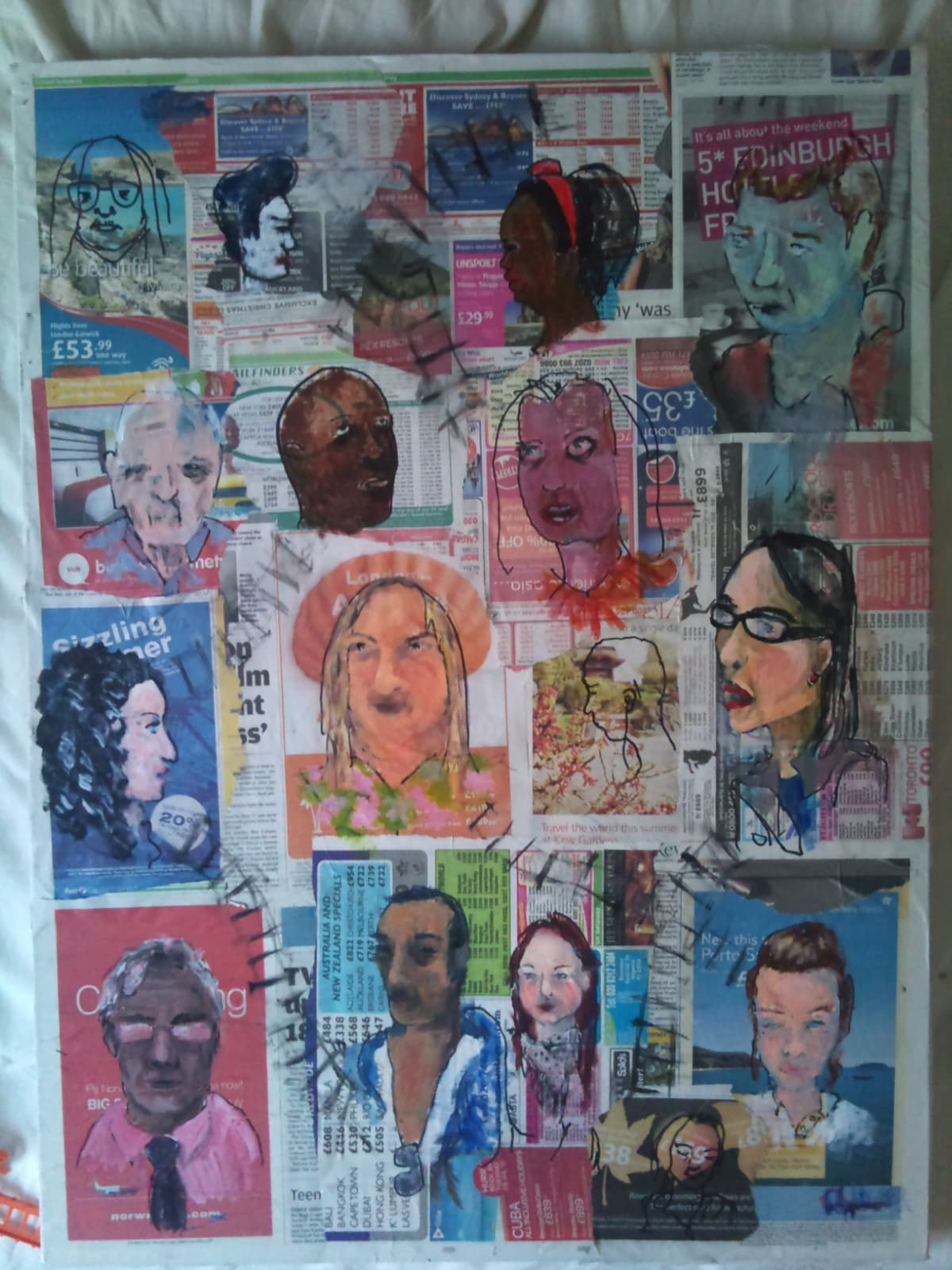 Portrait studies painted over collaged newspaper travel pages